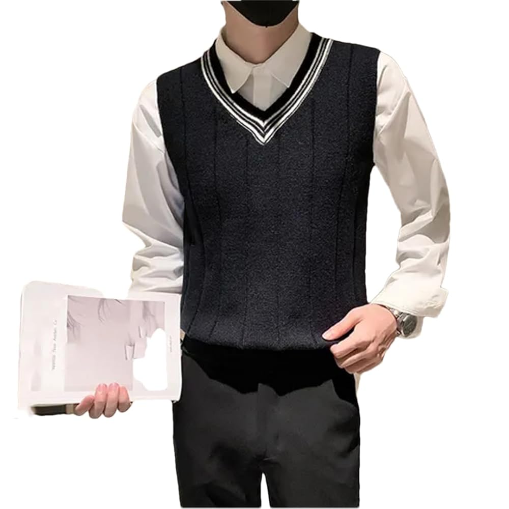 Wjnvfioo Sweater Vest Men Patchwork V-Neck Vests Preppy